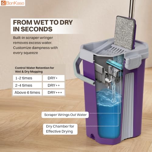 Image of BonKaso Telescopic Flat Mop & Bucket Set with Hands-Free Squeeze System, Microfiber Floor Cleaning Mop for Wet & Dry Cleaning | Includes 2 Reusable Pads for Home, Kitchen, Bathroom & Office | Purple