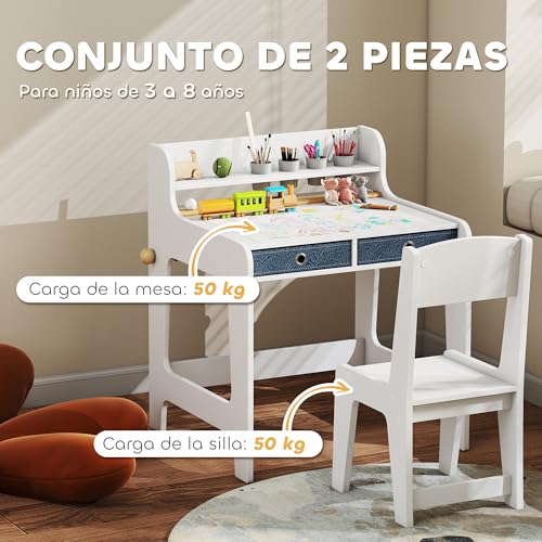 AIYAPLAY Escritorio Infantil con Silla, Pupitre Infantil con 2 Cajones Extraíbles, Estante y Portavasos, para Estudiar, Leer y Dibujar, Mesa para Niños para Dormitorio, Sala Estudio, Blanco - imagen 5