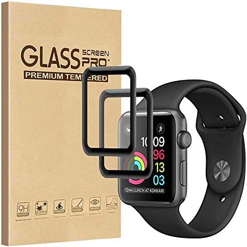 [2 Pack] Fotbor for Apple Watch 42mm Screen Protector Series 3 /2 /1, [Full Coverage] Tempered Glass Screen Protector Anti-Scratch Anti-Bubble 3D Curved Edge Compatible for Apple Watch (Black) (42mm)