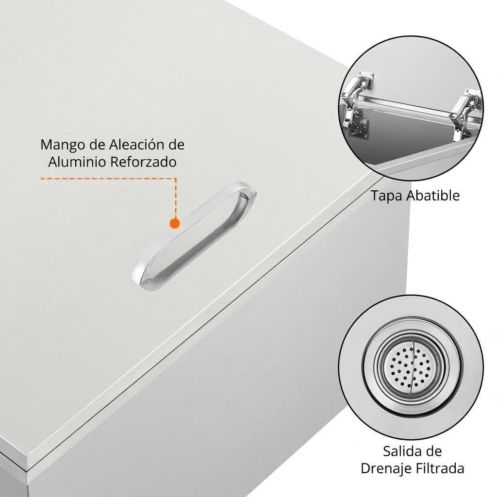 Drop-in-Eisbox Edelstahl 26L mit Deckel Großraum Isoliert Leise Schiebedeckel, Eisbehälter mit Abflussrohr, Ablaufstopsel Passend, ohne Strom Kühlbox für Getränke, Wein & Bier