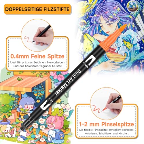 Maqhpu Filzstifte, 36 Farben Dual Brush Fineliner Feine Spitze & Pinsel Spitze, Filzstifte Dicke und Dünne für Erwachsene und Kinder, Pinselstifte für Bullet Journal, Zeichnen, Scrapbook, Schulbedarf