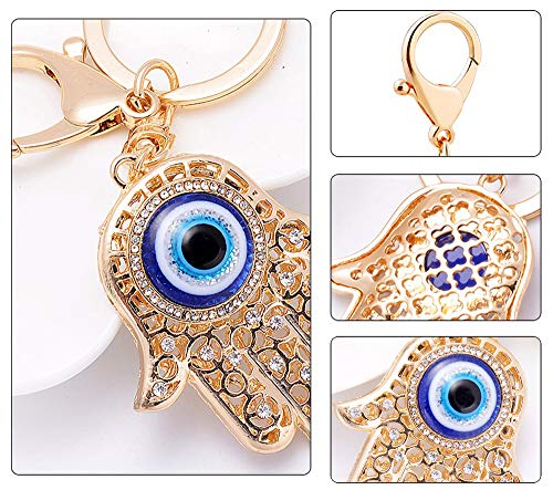 Qtkj Blue Evil Eye Hamsa Hand Keychain Crystal Keychain Charm Purse Pendant Handbag Bag Decoration Holiday (Gold) #TOP4