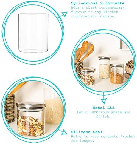 Argon Tableware Glass Storage Jars with Metal Lids - Modern Contemporary Kitchen Food Storage Canister - Silicone Seal - 550ml - Silver - Pack of 3