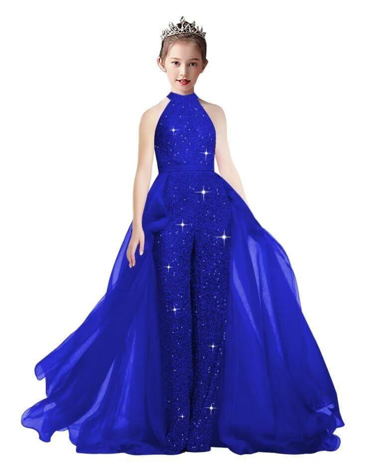 Sequin Romper Jumpsuits Pageant Dress Halter Ball Gown Jumpsuit Flower Girl Dress Princess Girls Dresses HRF03