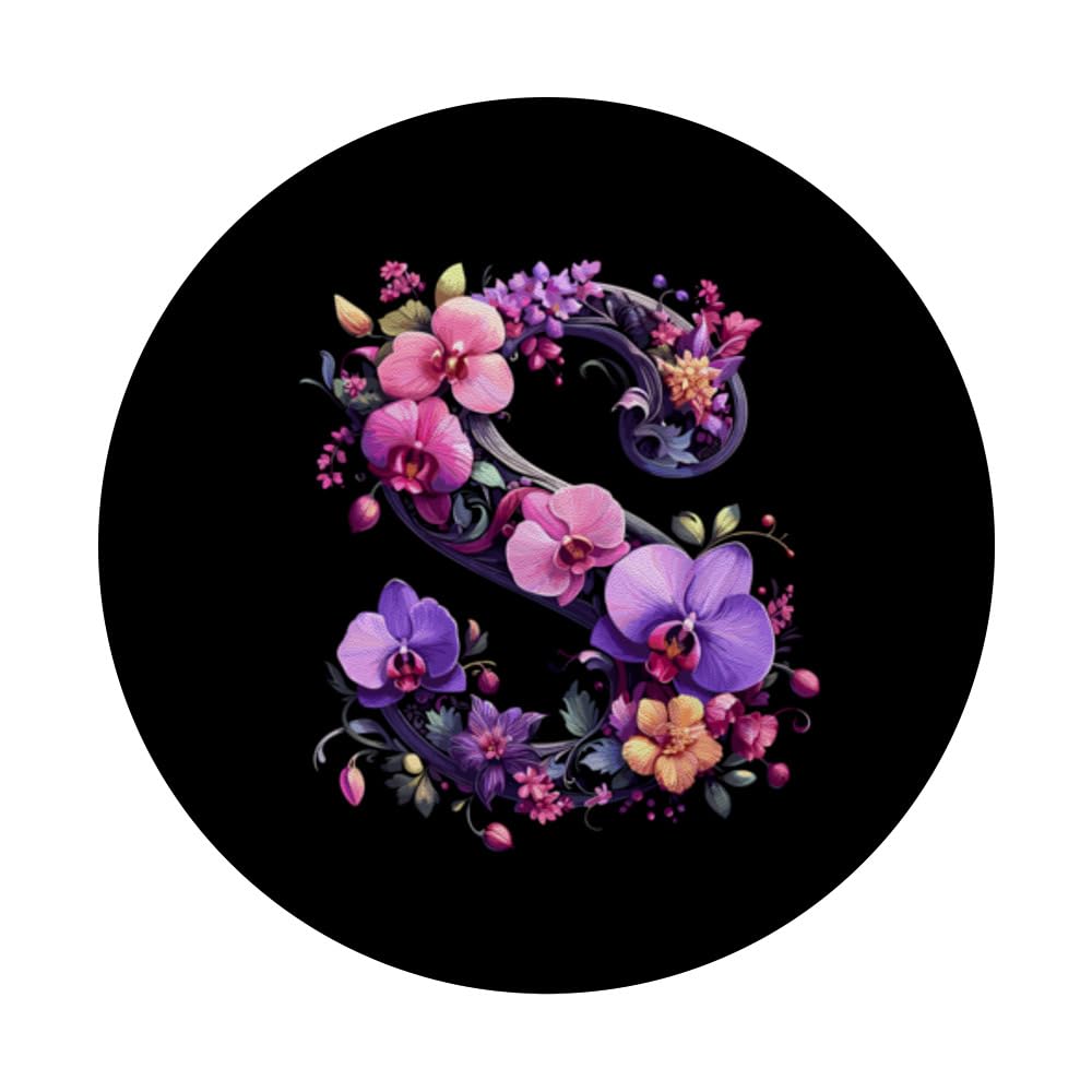 Floral Letter S Initials In Pink And Purple PopSockets Swappable PopGrip, Black - Image 3