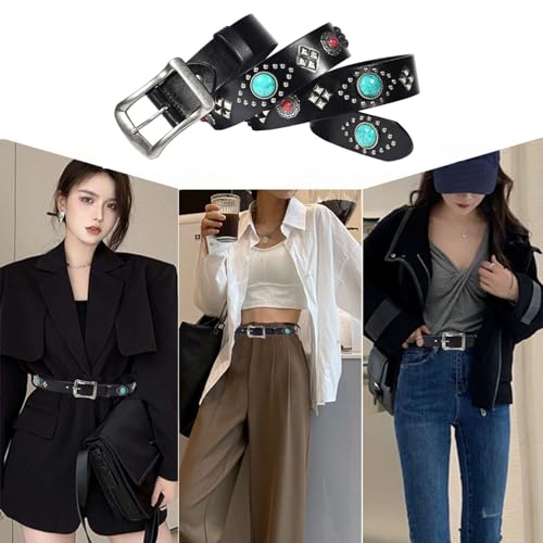 Studded Punk Women's Belt, Metal Pin Buckle Rock Personalized Turquoise Embellished Cowhide Belt2