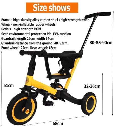 Toddler Stroller Tricycle,Removable Pedals Balance Bike Scooter,Parent Steering Push Trike,Foldable Handlebar,Adjustable seat with guardrail and Belt,Rubber Wheels (Black) - Thumbnail 2