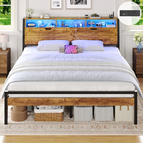 Brinlawb King Size Bed Frame with Power Strip & LED Lights, Stable and Sturdy Metal King Bed Frame with Wooden Headboard-2 Door Storage Compartments, 150x200cm Platform Bed Frame, No Box Spring Needed
