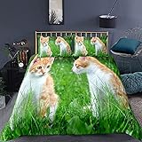 Parure de Lit 2 Personnes Fille Garçon Animal Housse de Couette Cute Pet Chaton Chiot Gris Beige Noir Rose Fleurie Amour Chat et Chien Polyester Ensemble de Literie (Vert, 220 x 240 cm)
