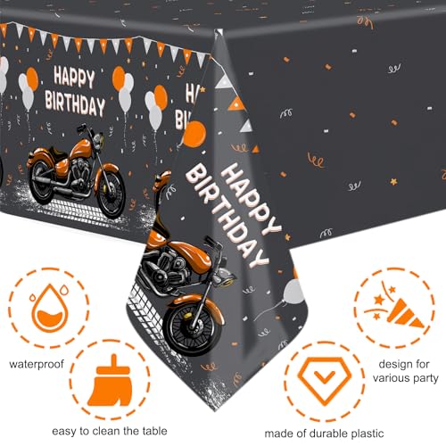 Image of MEHOFOND 6pcs Motorcycle Birthday Plastic Tablecloth, Black and Orange Motocross Racing Happy Birthday Disposable Table Cover, Extreme Sports Birthday Party Decorations, Rectangle 108 x 54 Inch