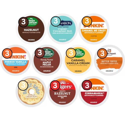 30 Count - Flavored K-cups Coffee Pods Variety Sampler Includes Caramel, Cinnamon & Vanilla - Caramel Cream, Maple Pecan & Hazelnut &ndash; Hazelnut &ndash; French Vanilla -Cinnamon Roll for Keurig Brewers. (1 Box, Flavored)