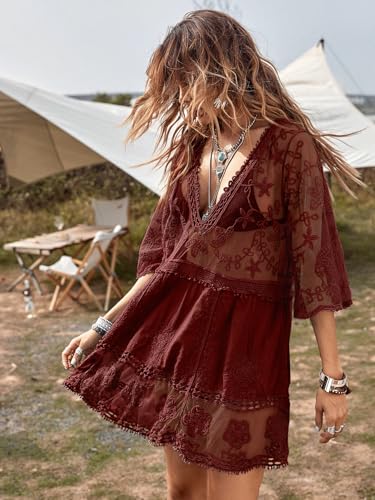 Image of Eomenie Women's Contrast Lace Bathing Suit Cover Up V-Neck Swimsuit Coverups Loose Swimwear Beach Dress Beachwear
