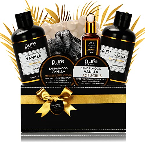 Pure Mens Bath and Body Gift Set. 7 Pc Natural Spa Gift Basket for Men. Spa Gift Set is 1 Ideal Gift for Men That Care about themselves!