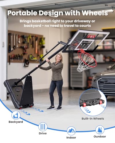 Image of IGL Basketball Hoop Outdoor 47 Inch, Height Adjustable 5.3-10 FT, Portable Basketball Goal with Shatterproof Backboard for Kids Teens Adults, Backyard Driveway