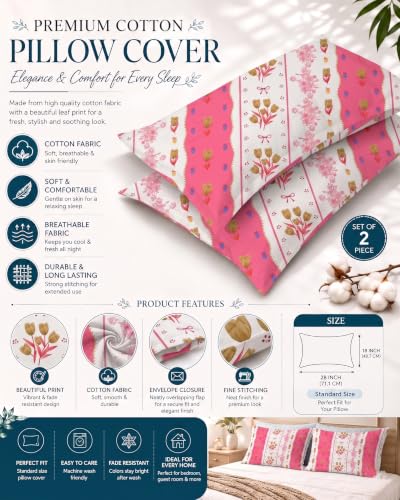 Image of IVAZA Ezyption Cotton Super Soft 240 TC Elastic Fitted All Around Elastic Printed King Size Double Bed Bedsheet with 2 Pillow Cover 72 inch X 78 inch3 Pink Flower