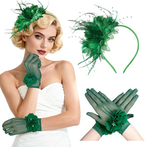 Fascinators Hats for Women and Tea Party Gloves Set Headband with Feather Pearl Veil for Wedding Cocktail Dresses (Green One Size)