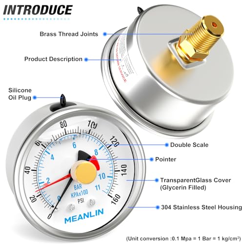 MEANLIN MEASURE 0~160Psi Stainless Steel 1/4" NPT 2.5" FACE DIAL with Reset Pointer Liquid Filled Pressure Gauge WOG Water Oil Air, Lower Mount, with 1/8" x 1/4" NPT and 1/8" x 3/8" NPT Hex Bushing by MEANLIN MEASURE - Used condition - Image 4