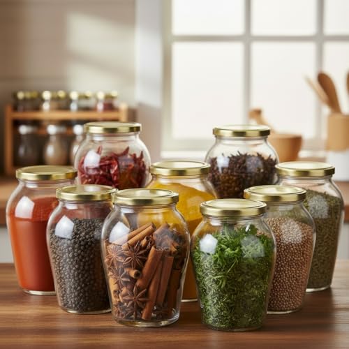 Image of ginoya brothers 1 Liter Matka Shape Glass Jar and Glass Container for Kitchen with Air Tight Lid-Pack Of 8
