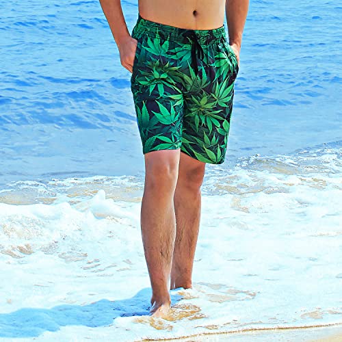 Green Leaves Swim Trunks For Men 3D Print Black Stretchy Waist Long Board Shorts With Drawstring Young Man Tropical Hawaiian Vacation Swimwear Knee Length Fashion Beachwear L #TOP3