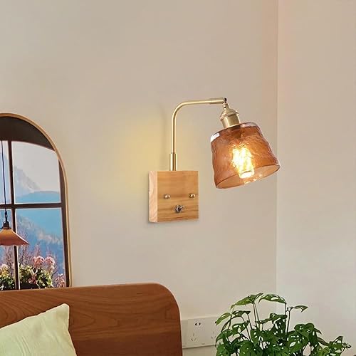 Miniatura 3 de LED Wall Sconce Nordic Modern Brass Bedside Retro Industry Hammered Glass Lamp Shade Green Hallway Lighting Mid Century Wood Mount Light Home Decor