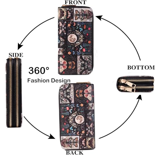 Image of Butterfly Double Zip Wallet for Women - Large Capacity Floral & Moth Print Clutch with Smooth Zippers, Travel Card Holder Purse
