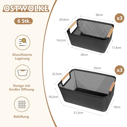 OSTWOLKE 6er-Set Aufbewahrungsbox (3x Groß 35x22,5x16,2cm + 3x Mittel 30x20,4x14,2cm) -Aufbewahrungskorb Küche ohne Deckel Kunststoff, Atmungsaktiv Boxen Aufbewahrung mit Holzgriffen für Badezimmer