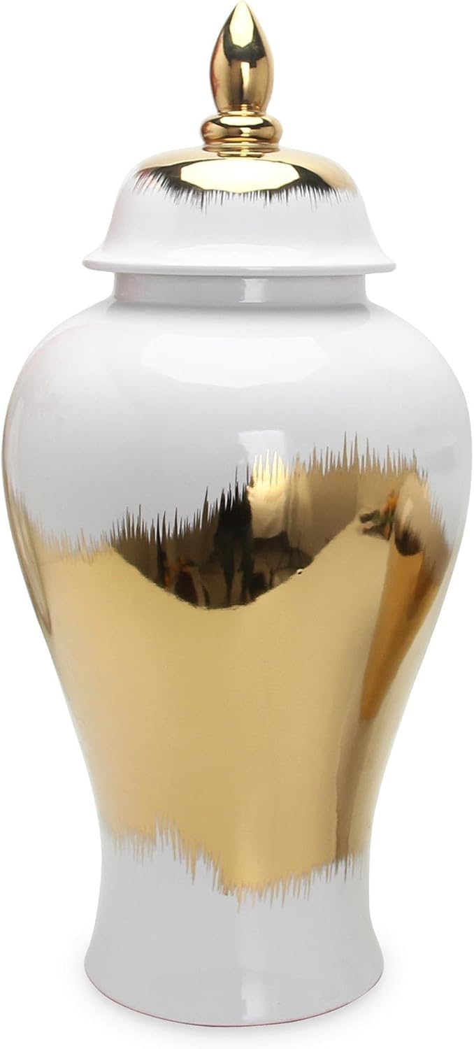 Vase Tabletop White Gilded Ceramic Ginger Jar,Decorative Vase with Gold Accents(L)