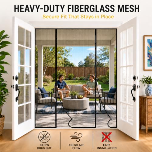 Image of AUGO French Door Magnetic Screen Door - Self Sealing, Heavy Duty, Hands Free Mesh Partition Keeps Bugs Out - Pet and Kid Friendly - Patent Pending Keep Open Feature - 74 Inch x 81 Inch