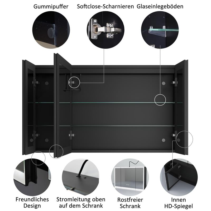 Spiegelschrank mit Beleuchtung 60x100x13.5cm LED Badezimmerschrank, Medizinschrank Badezimmer Hängeschrank mit Spiegel mit 3-Farben Dimmbar, Beschlagfrei Spiegelschrank