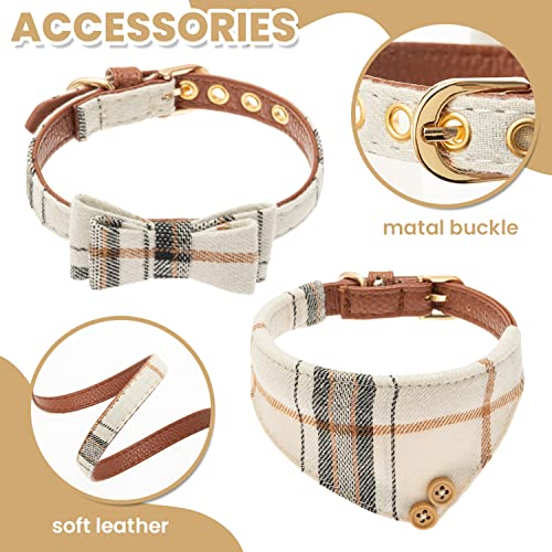 Tukoaw Leather Small Dog Collar And Leash Set - Plaid Bow Tie & Bandana Cute Dog Collar - Adjustable Pet Collars With Walking Leash For Small Dog Puppy Cat #TOP3