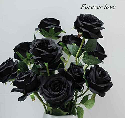 Laelfe 12 Pcs Artificial Flowers Roses Fake Silk Flowers Long Stem Artificial Black Roses For Home Wedding Party Halloween Outdoor Decorations(Black) #TOP4