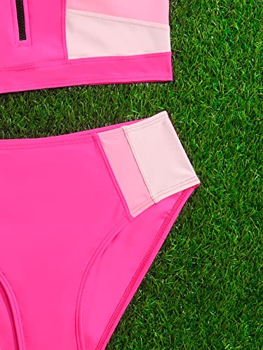 Image of COZYEASE Girls' 2 Piece Swimsuits Colorblock Zipper Front Cute Bikini Set High Waisted Bathing Suit Hot Pink 11 Years