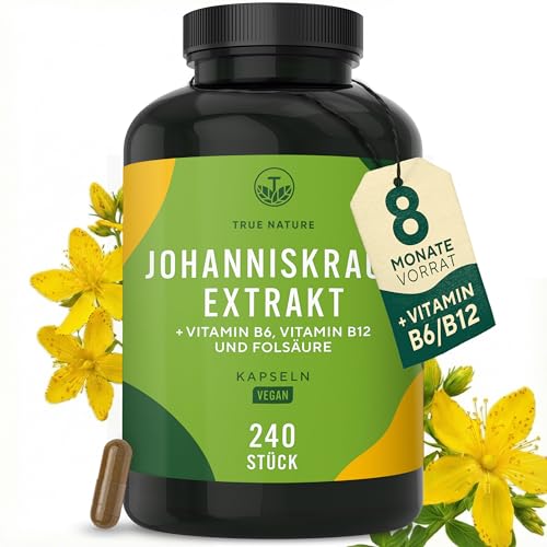 Johanniskraut Kapseln hochdosiert - 240 Kapseln - 8 Monate Vorrat - 5000 mg Johanniskraut pro Kapsel (10:1 Extrakt) - natürliches Hypericin & Hyperforin - mit Vitamin B6, B12 & Folsäure - TRUE NATURE