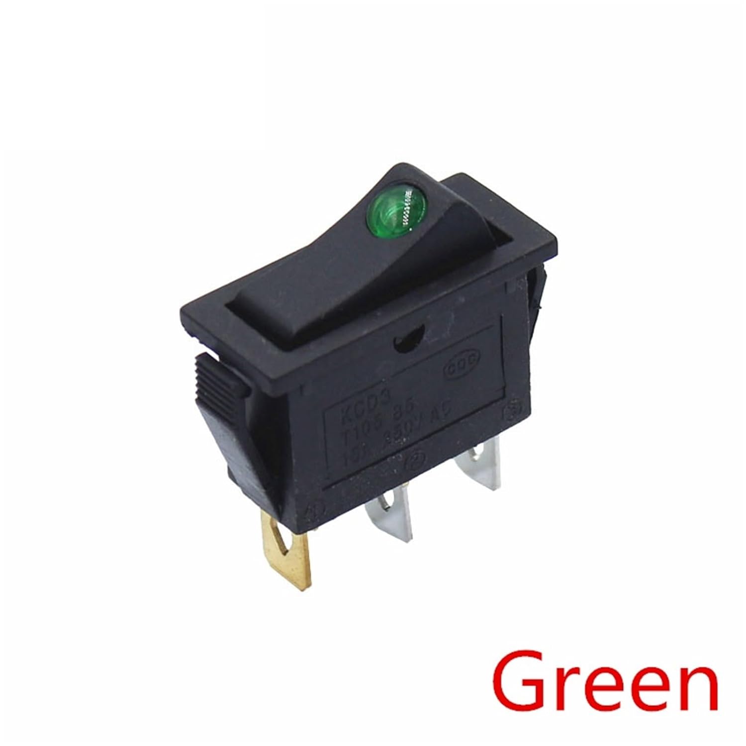 1Pcs KCD3 Black Rocker Switch ON Off 3Pin Latching 16A 250VAC with Dot LED(Green-Single)