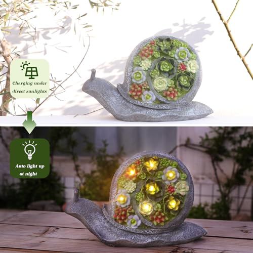 Ovewios Solar Garden Statues Snails Figurine With Succulent And Led Lights thumb #2