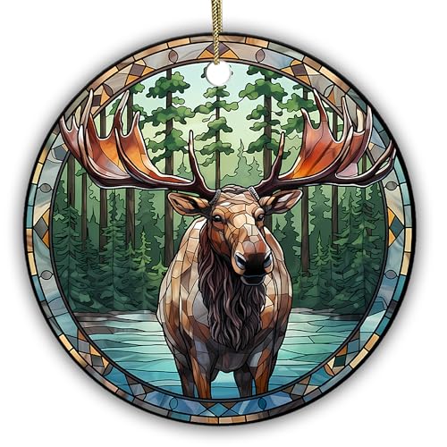 Velyra Christmas Ornament 2025 – Moose Stained Glass Wildlife Ceramic Ornament, Decoration for Nature Lovers, Hunters, and Cabin Décor – Elk & Moose Art Keepsake Gift for Outdoorsmen