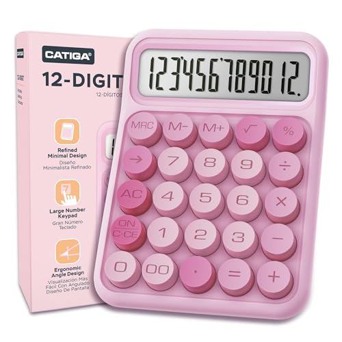 CATIGA Mechanical Switch Calculator, Pink Calculator with 12 Digit Large LCD Display & Big Buttons for Office Desk, Classroom Math, Back to School Supplies, Cute Aesthetic Desk Accessories