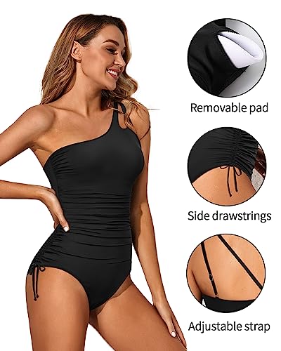 Image of Holipick One Shoulder One Piece Swimsuit for Women Tummy Control Bathing Suits Modest Full Coverage Keyhole Swimwear