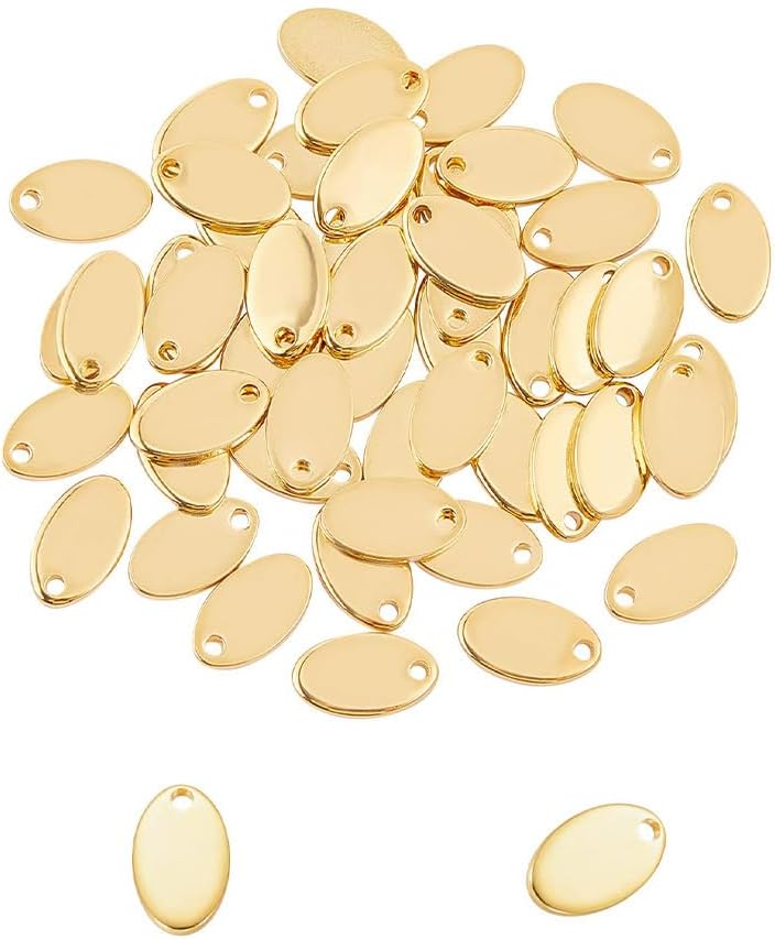 UNICRAFTALE About 50pcs Oval Gold Charm Hypoallergenic Metal Pendants Stainless Steel Charms Flat Blank Tag 1.5mm Hole Pendant for Jewelry Making 12.5mm Long