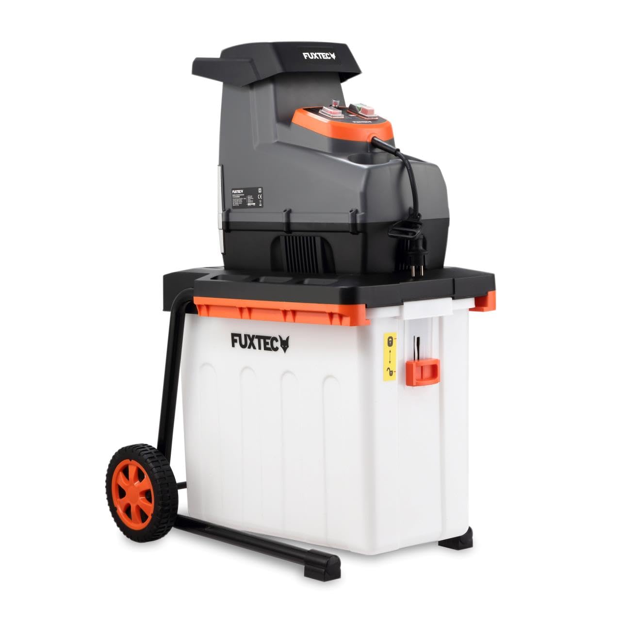 FUXTEC FX-EGH2800B Trituradora eléctrica de jardín 2800W, trituradora de rodillo con marcha atrás, tritura ramas hasta 44 mm, con caja de recogida de 60L y protección contra sobrecarga