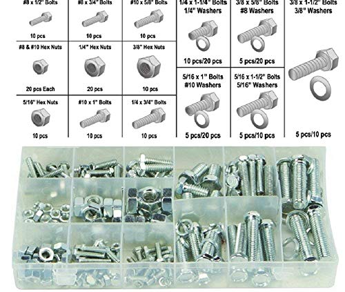 Katzco 240 Piece Standard Nuts and Bolts Set - Zinc Oxide Finish Bolts, Hex Nuts, and Washers - Assorted Kit - Resealable Plastic Case