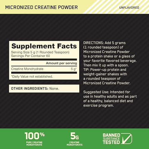Optimum Nutrition Creatina Micronizada Monohidrato en Polvo, Sin Sabor, 60 Porciones, 300 Gramos (El Embalaje Puede Variar)