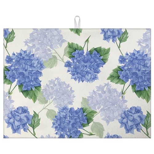 Image of Blue Hydrangea Dish Drying Mat for Kitchen Counter Spring Floral Drying Pad Absorbent Reversible Dish Drainer Rack Mats Draining Pad 18"x24"Inch