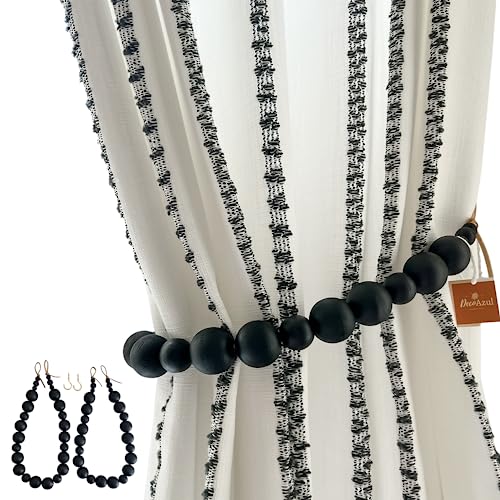 Image of Deco Azul Black Curtain Tiebacks Boho - Black Curtain holdbacks - Farmhouse Curtain tiebacks - Black tie Backs - Black Curtain tie Back Hooks - Set of 2