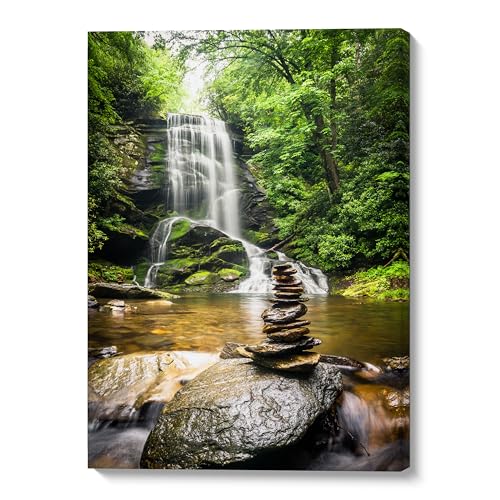 Waterfall Canvas Wall Art - 12x16 Inch Nature Landscape Print, Zen Rock Stack and Forest Scene, Tranquil Waterfall Picture for Living Room, Bedroom, Office Décor - Ready to Hang