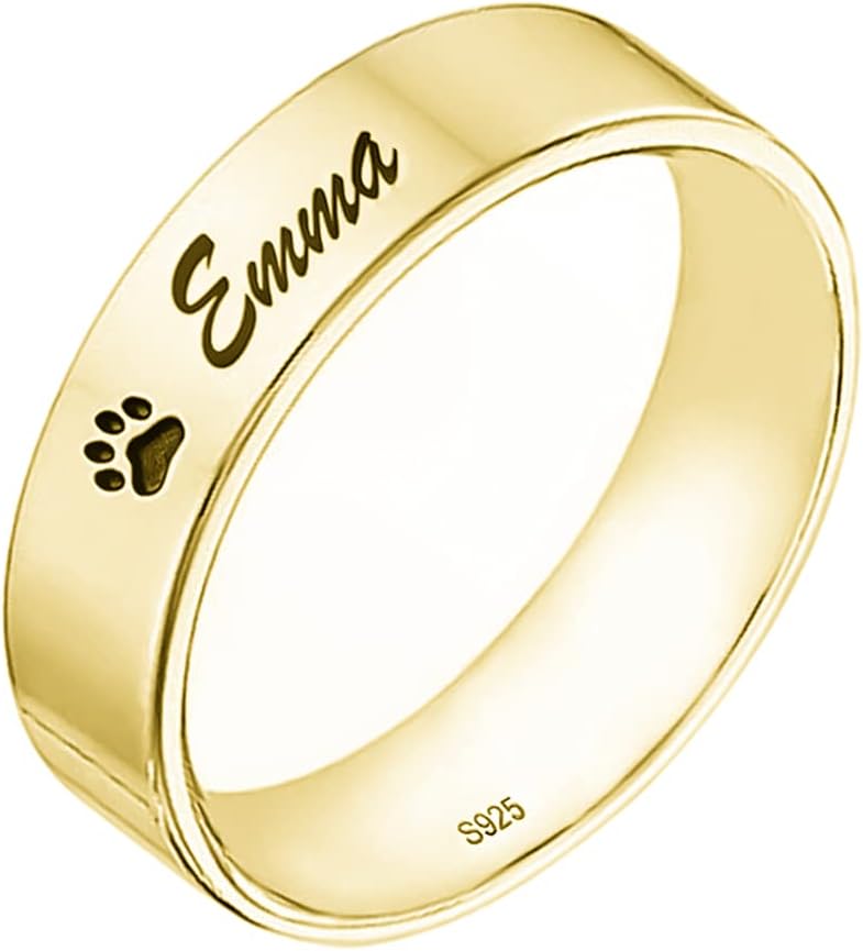 Personalized 925 Sterling Silver Pet Paw Print Name Ring Custom Band Engraved with Dog Name