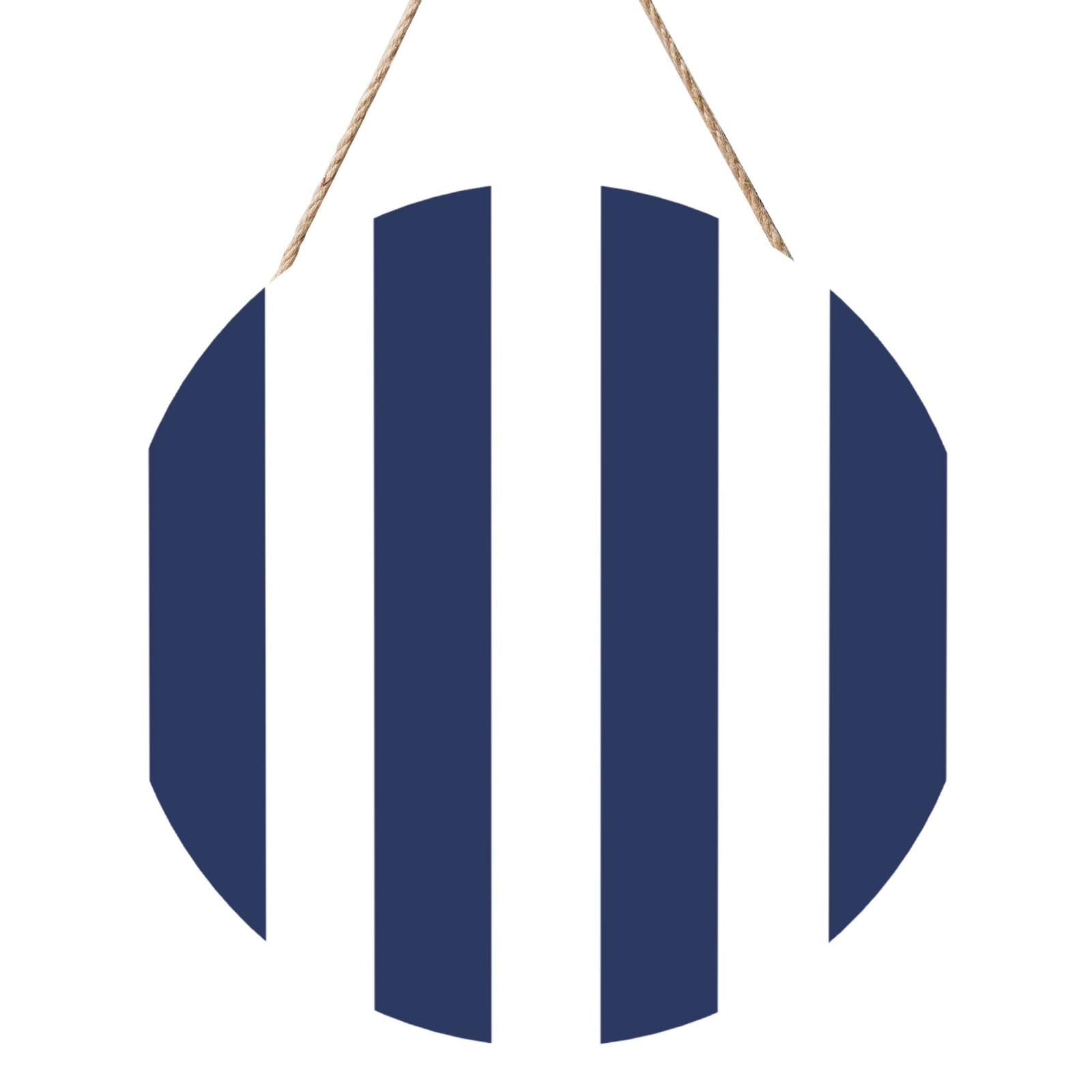 InOmak Midnight Blue And White Striped, Round Wood Panel Painting 12 in, Wall Hanging Painting For Home