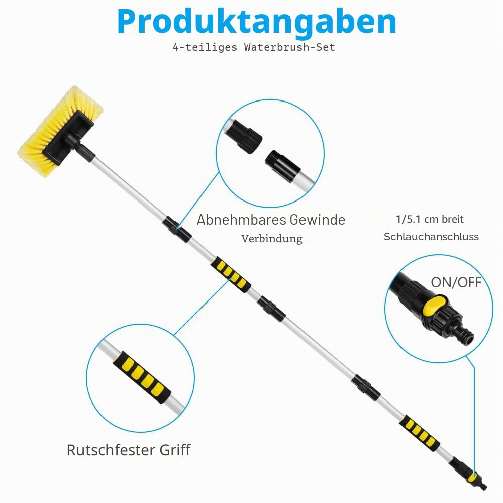 Autowaschbürste mit Wasseranschluss, Teleskop Waschbürste, Autowaschbürste mit Stiel, Waschbürste mit Teleskopstiel ALU-Teleskop mit An/Aus Schalter und1/2 Schlauchanschluss, 48-165cm, Gelb