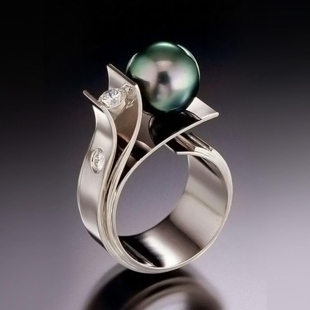 Ring mit schwarzen Perlen, Süßwasser-Silberschmuck, Ring mit schwarzen Perlen, rund, Schmuck aus 925er Sterlingsilber, Ring mit schwarzen Perlen, Naturperlen in AAA-Qualität mit 1 Karat Moissanit-Ring