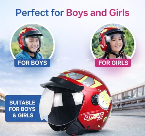 Image of ASR Junior Riders Helmet, High-Impact ABS Shell, Scratch & UV Resistant, Wide-View Visor, ISI Approved, Boys & Girls,Size-XS (Red)